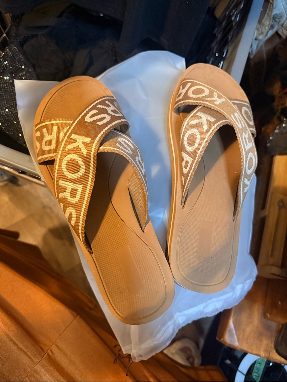 Michael Kors Beige/Tan Logo Cross-Strap Slide Sandals